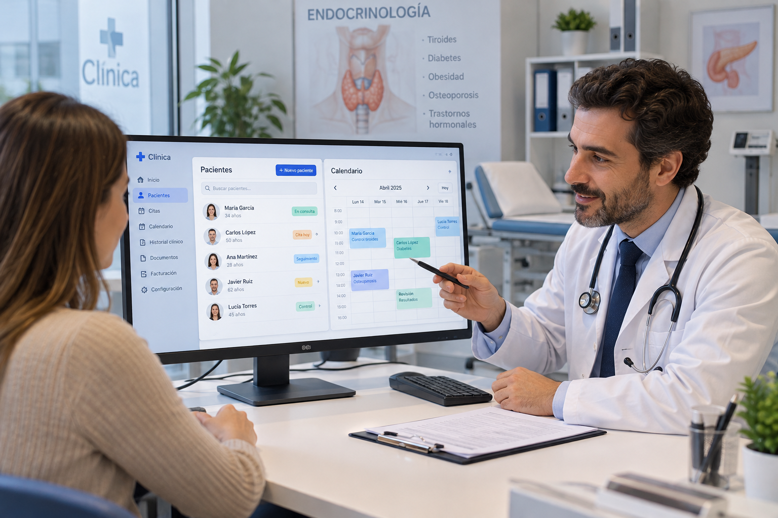 Médico revisando en pantalla la agenda y el listado de pacientes durante una consulta de endocrinología