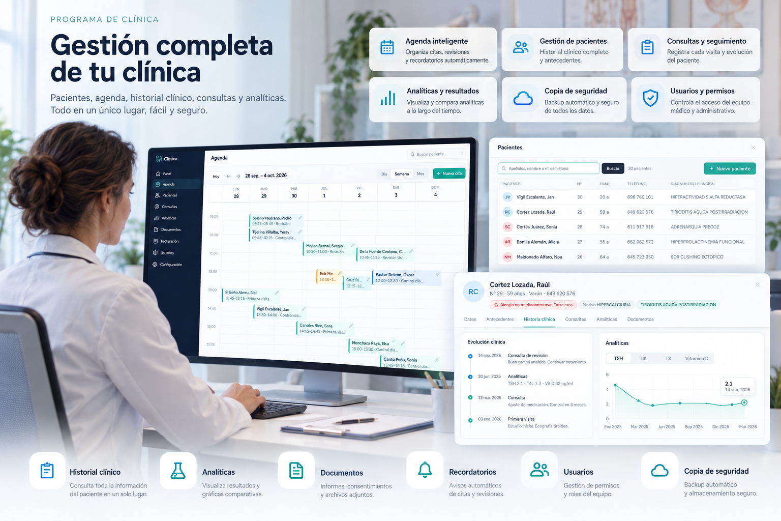 Panel de la aplicación mostrando la agenda semanal, el listado de pacientes y la ficha clínica de un paciente